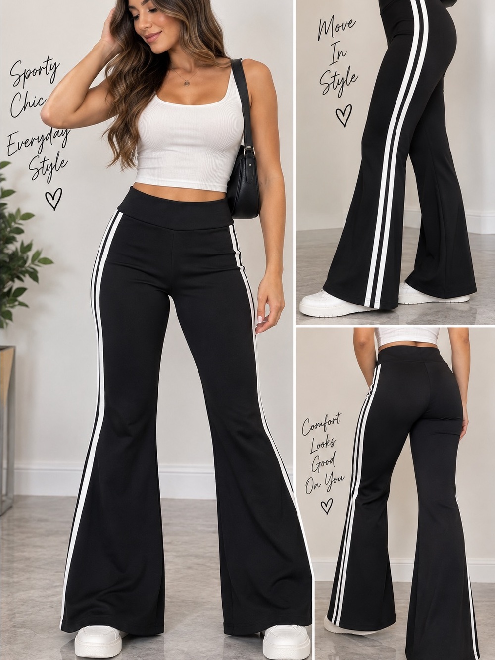 🩷. Women's Black Flare Track Pants with White Side Stripes
